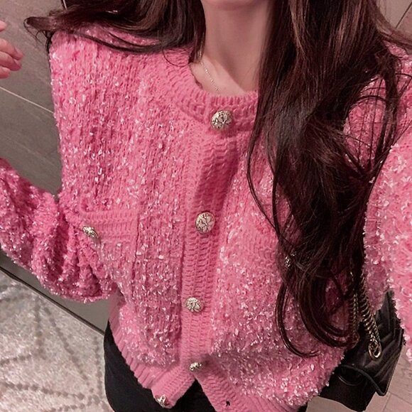 Pink Casual Women's Double Pocket Crew Neck Cardigan Tops - Picture 3 of 5